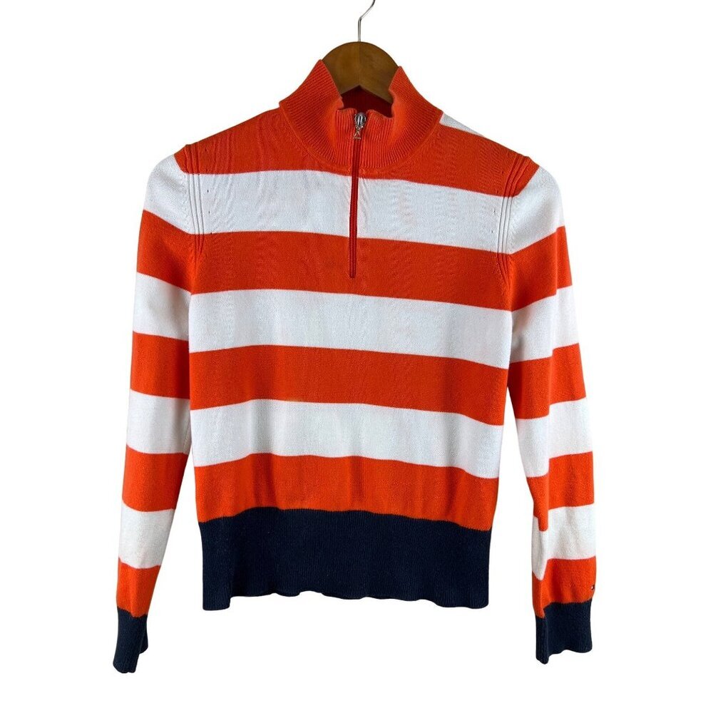 Tommy Hilfiger Women's Sweater 1/4 Zip Orange Stripe Preppy Nautical Size Medium